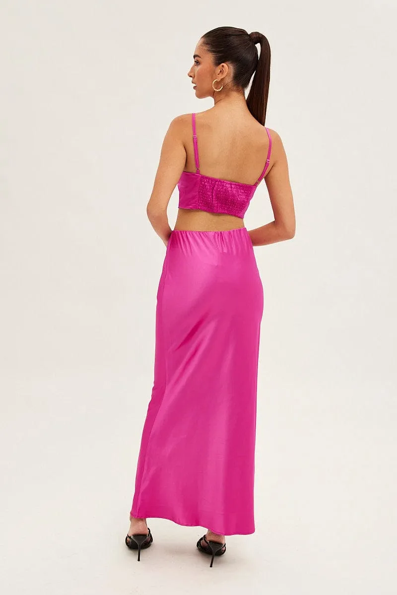 Cozy Edge Low Impact Dye Pink Maxi Skirt Low Rise Elastic Waist Satin