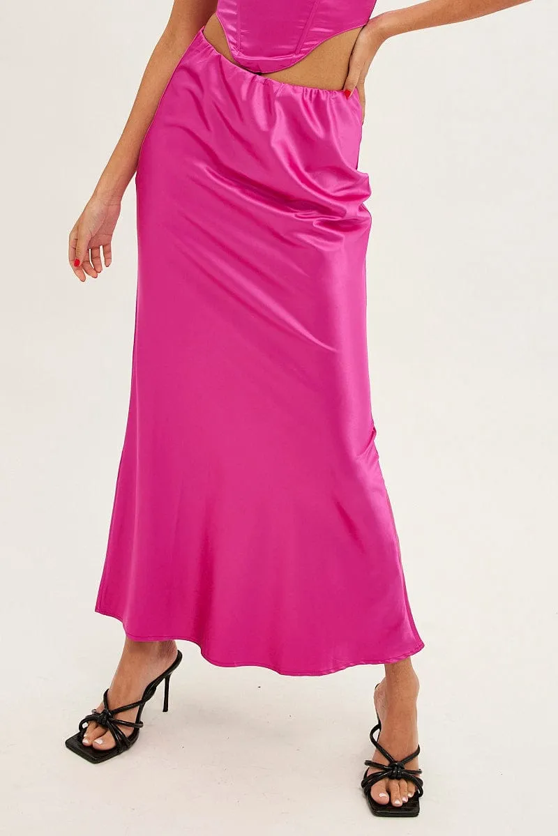 Daily Essential Vegan Material Pink Maxi Skirt Low Rise Elastic Waist Satin