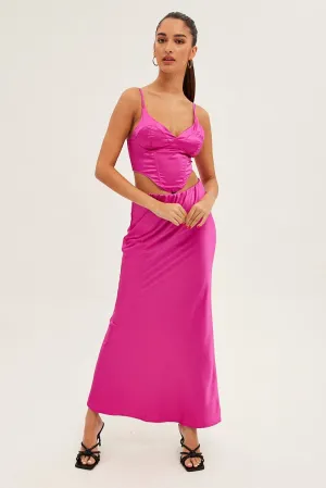 Breezy Outfit Pink Maxi Skirt Low Rise Elastic Waist Satin