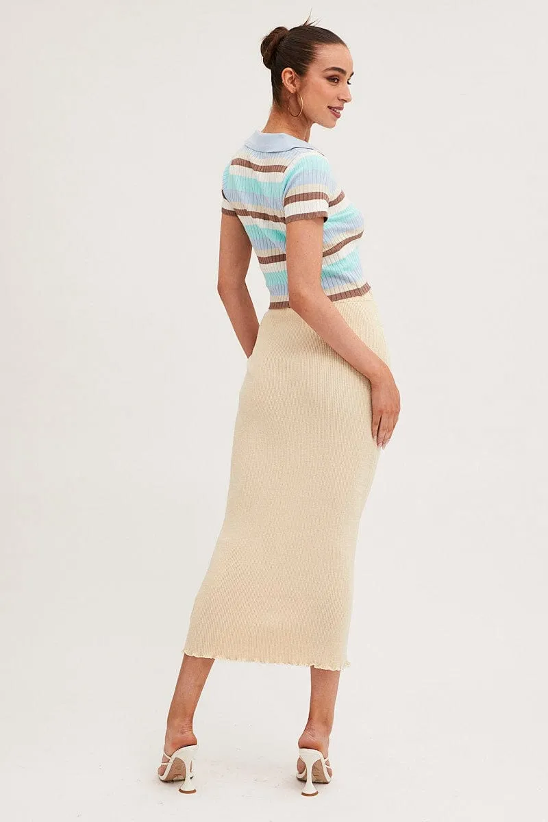 Beige Maxi Skirt Knit High Waist Double Layer