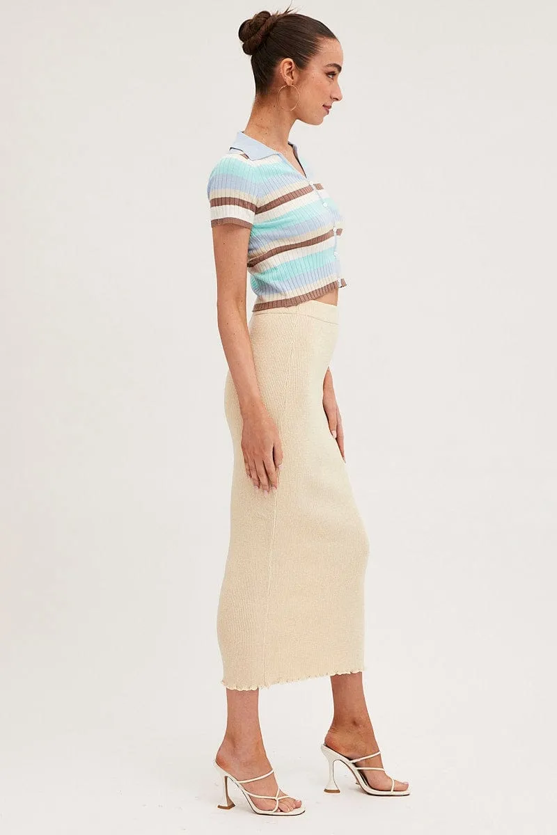 Beige Maxi Skirt Knit High Waist Daytime Look