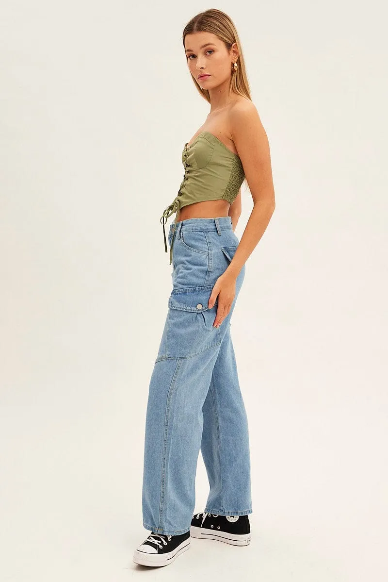 Blue Wide Leg Cargo Pants Tagless Design