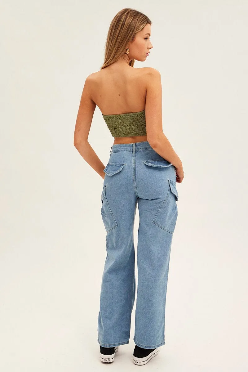 Blue Wide Leg Cargo Pants Flexible Seam Stylish Comfort