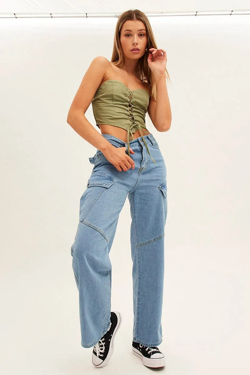 Blue Wide Leg Cargo Pants Soft Brush Lining