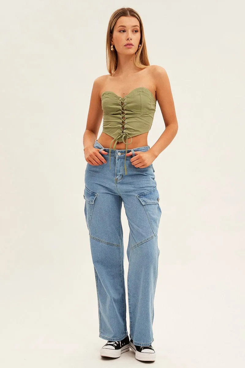 Blue Wide Leg Cargo Pants Bonded Seam Technology