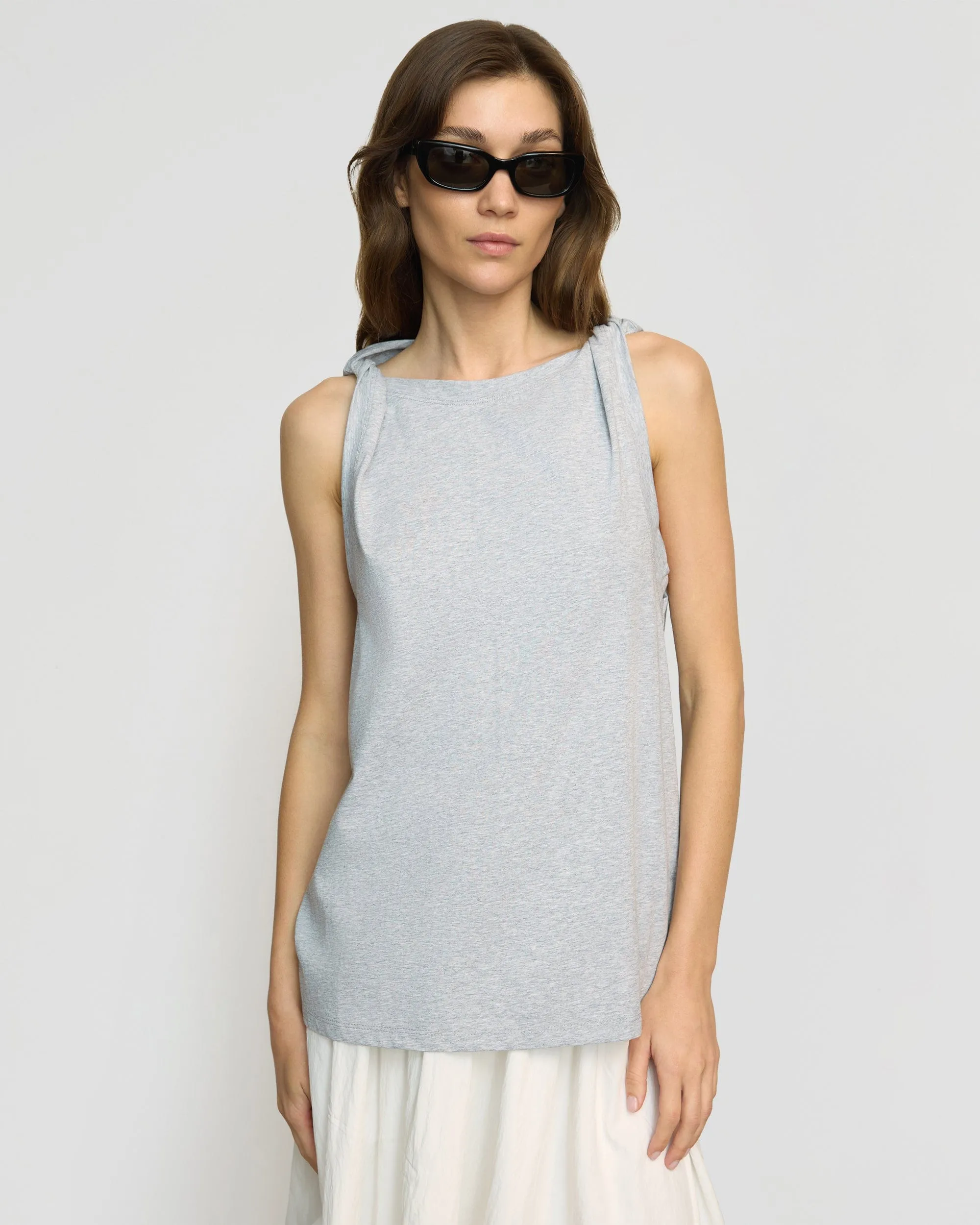 Catrina Twist-Shoulder Sleeveless Tee Comfy Layer Cross Grain Knit