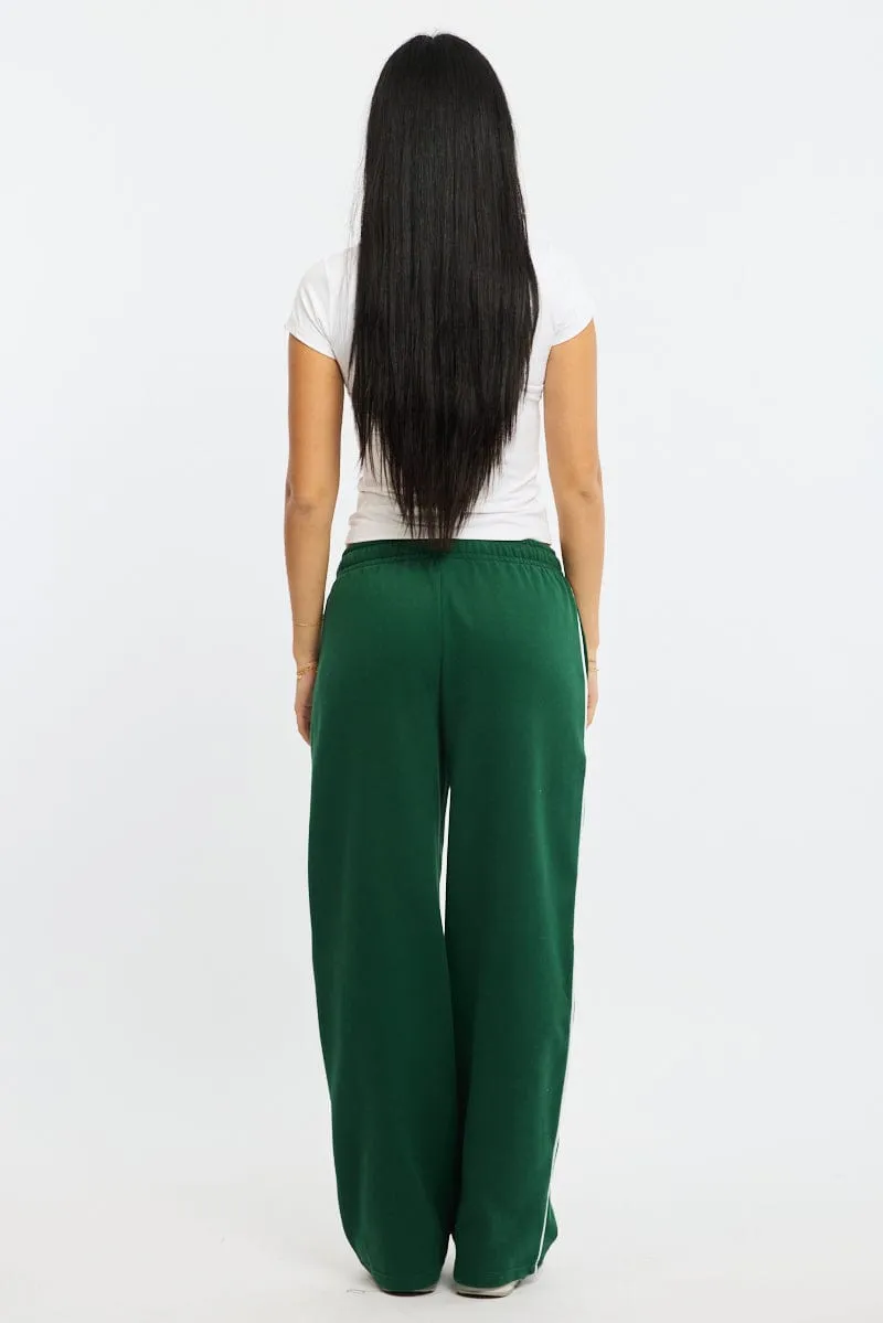 Green Track Pants Wide Leg Side Stripe High Quality Material Soft Touch