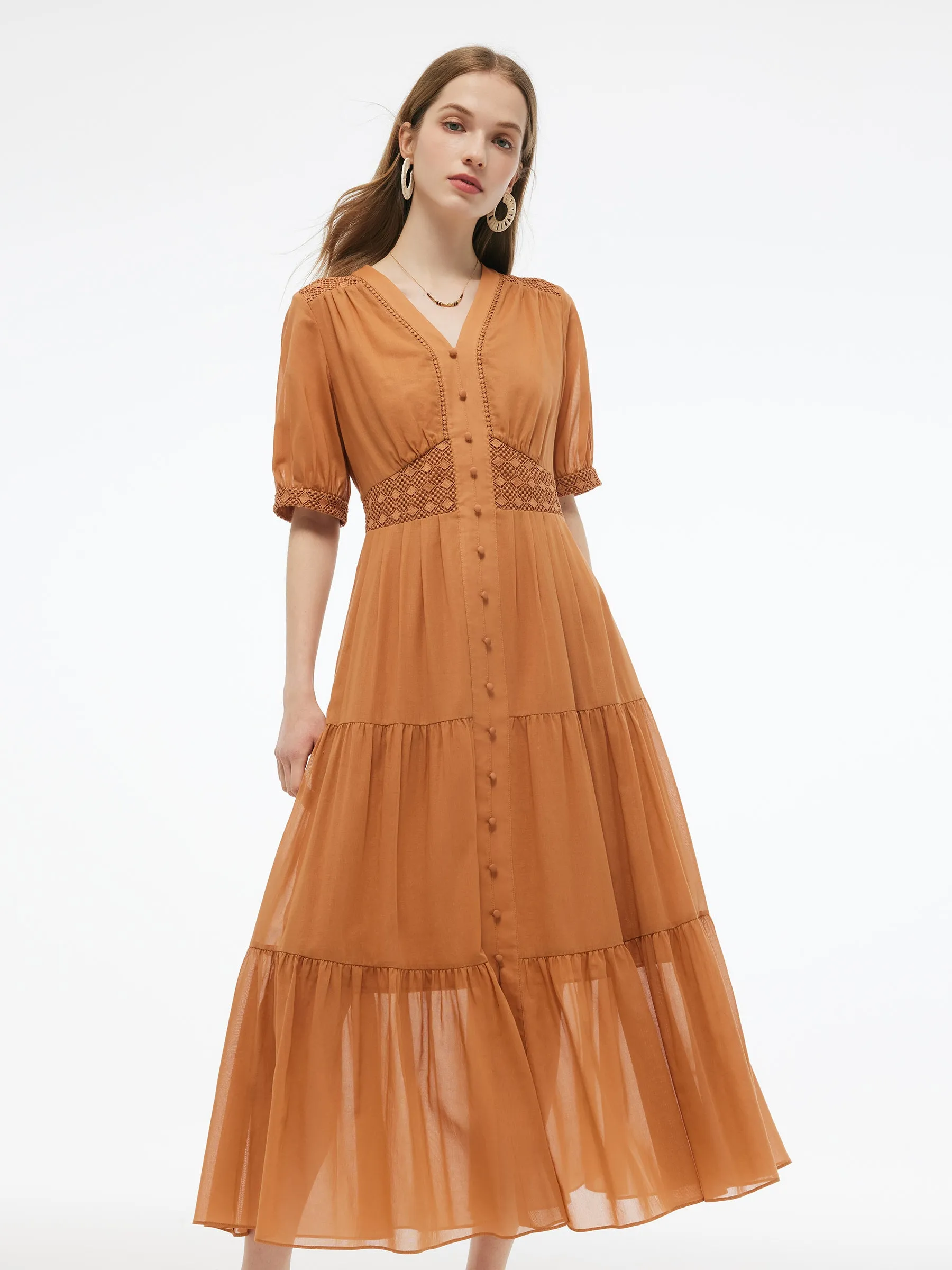Modern Cut 100% Cotton Patchwork Lace Embroidered Women Maxi Dress