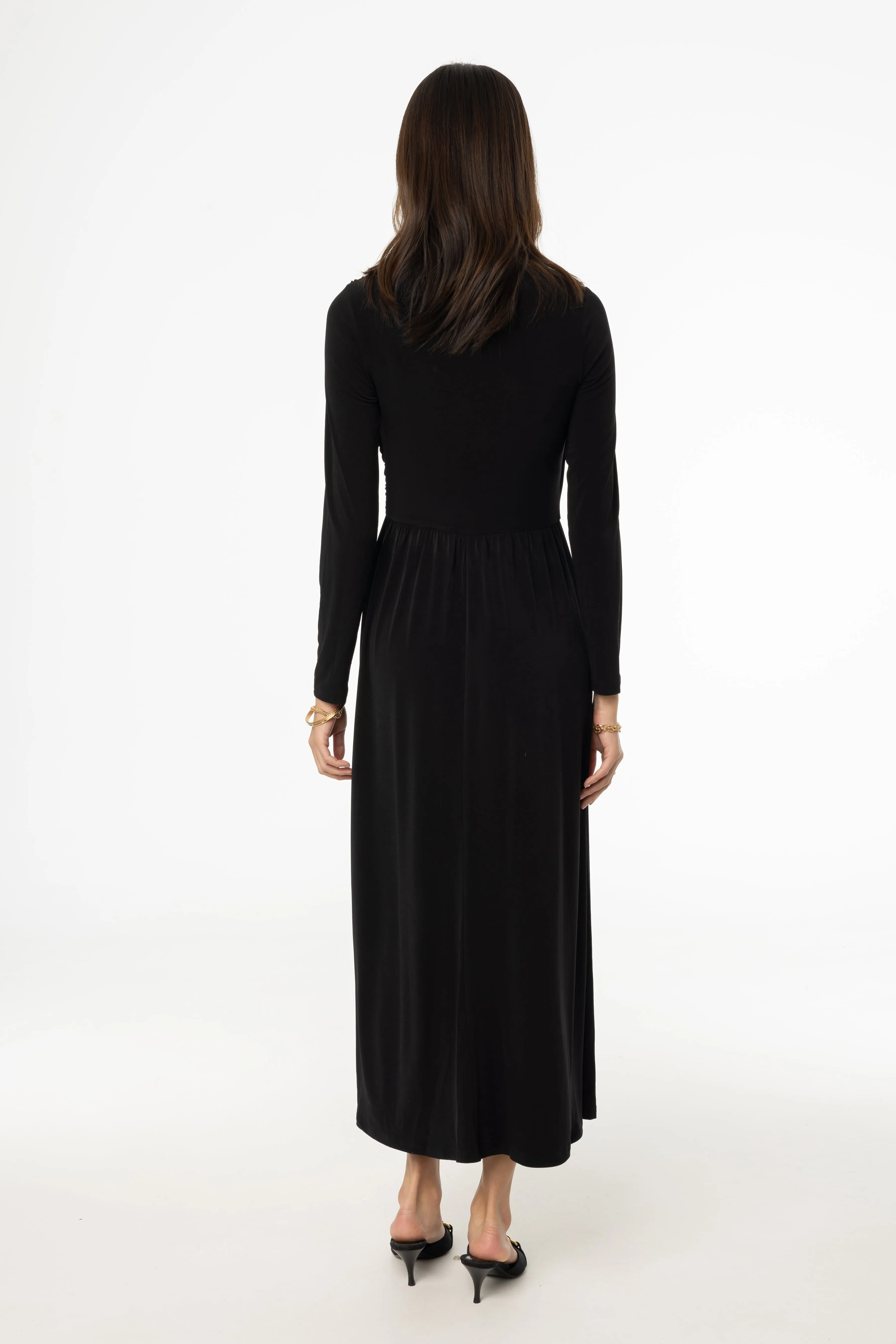 Cold Weather Wear FlexibleMaterial Black Slinky Faux Wrap Maxi Dress