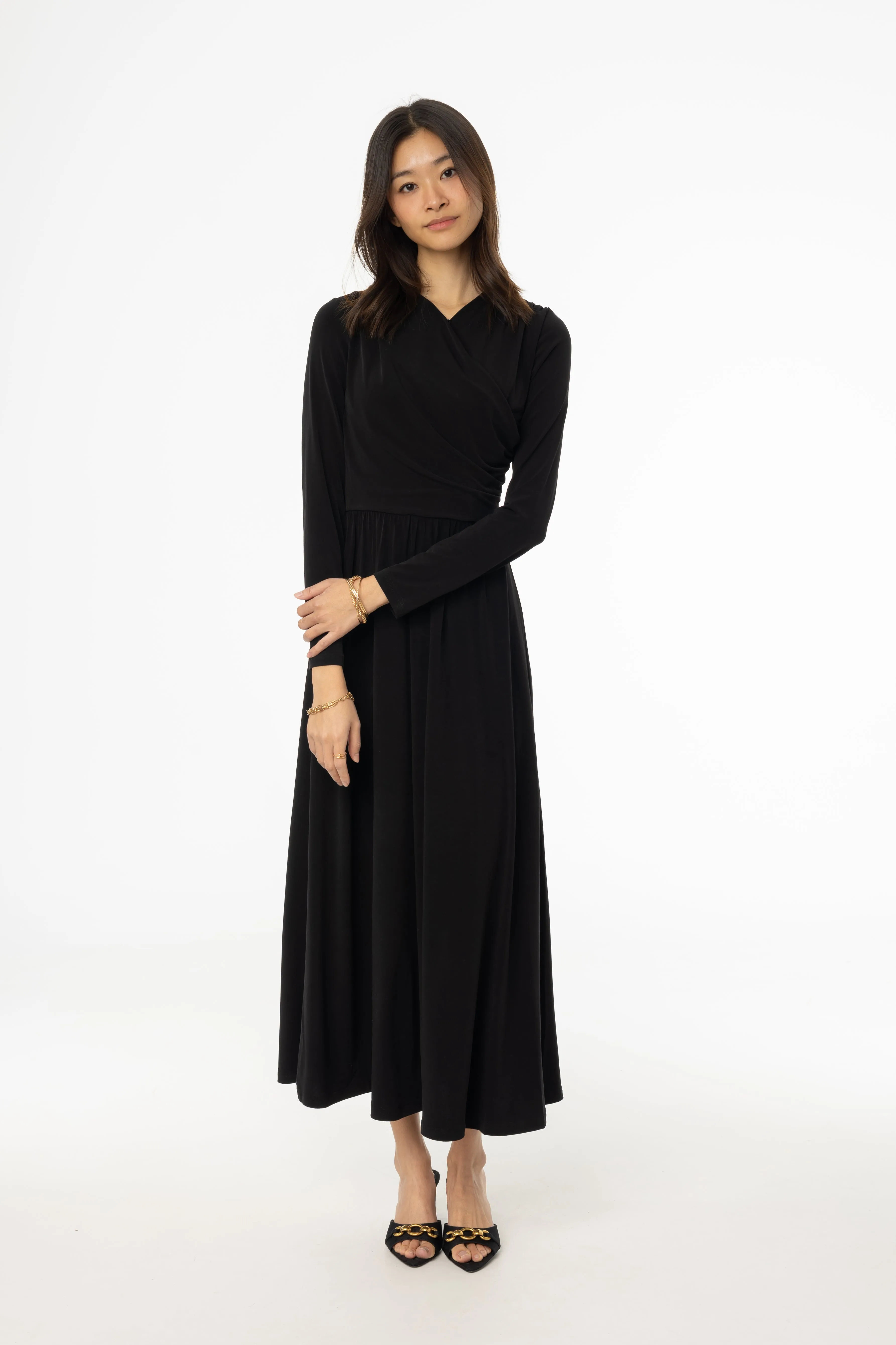 Black Slinky Faux Wrap Maxi Dress Professional Style Thick Glow