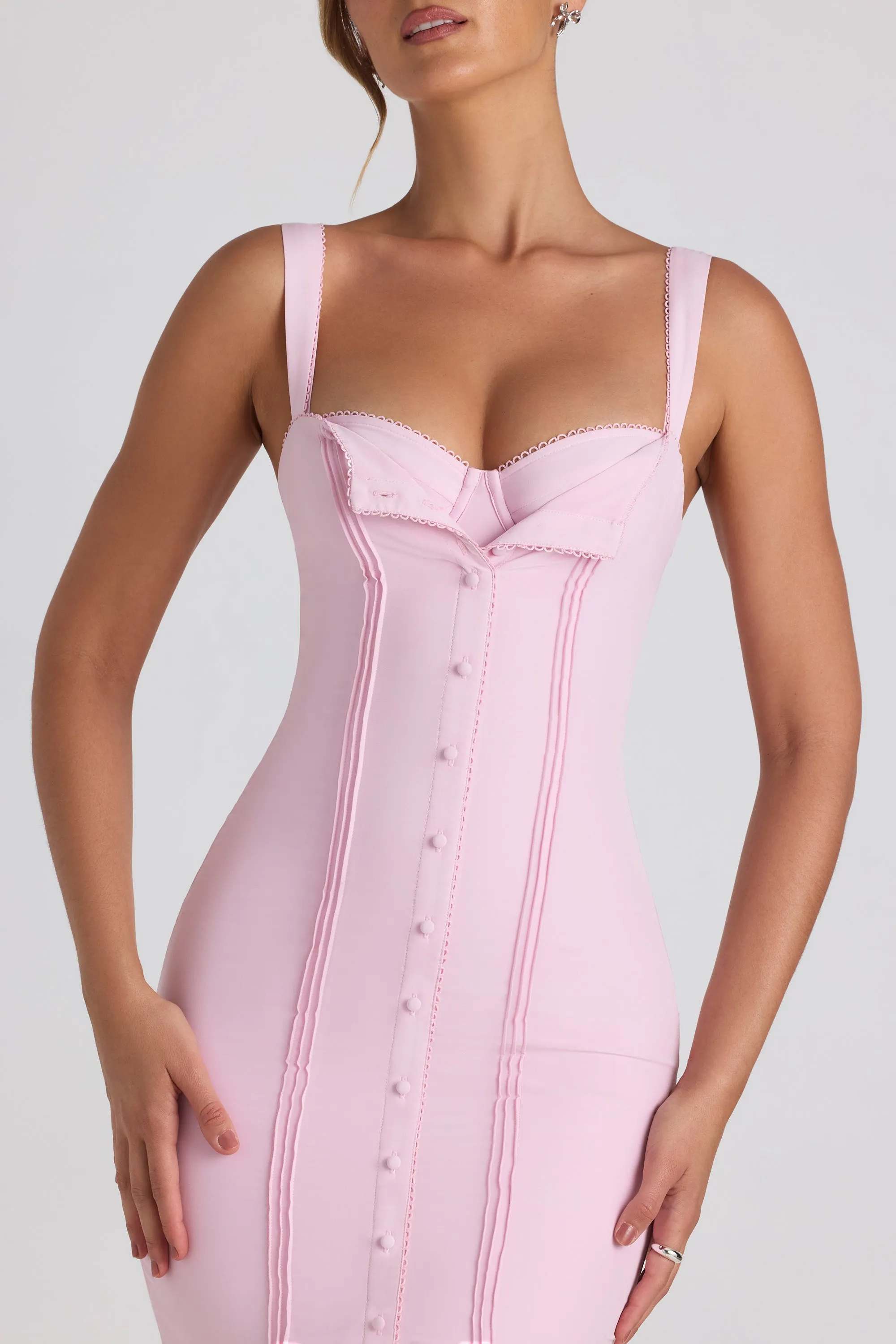 Button-Detail Midaxi Dress in Soft Pink Ventilated Back Panel LayeredNeckline