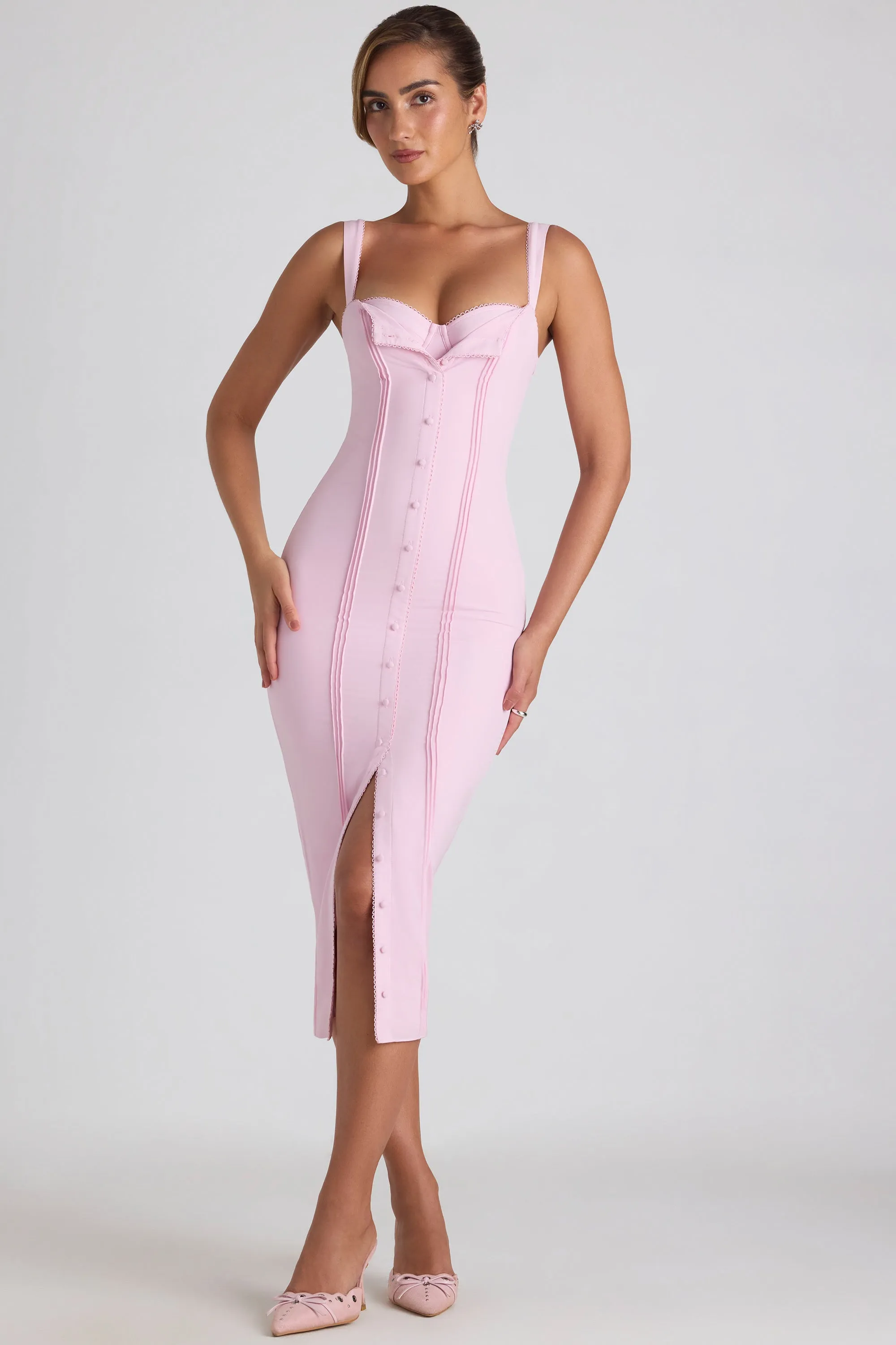 Simple Top AdjustableHemline Button-Detail Midaxi Dress in Soft Pink