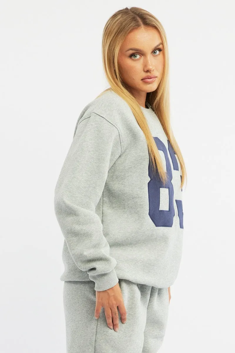 Office Wear Minimalist Style Grey Graphic Sweater Long Sleeve