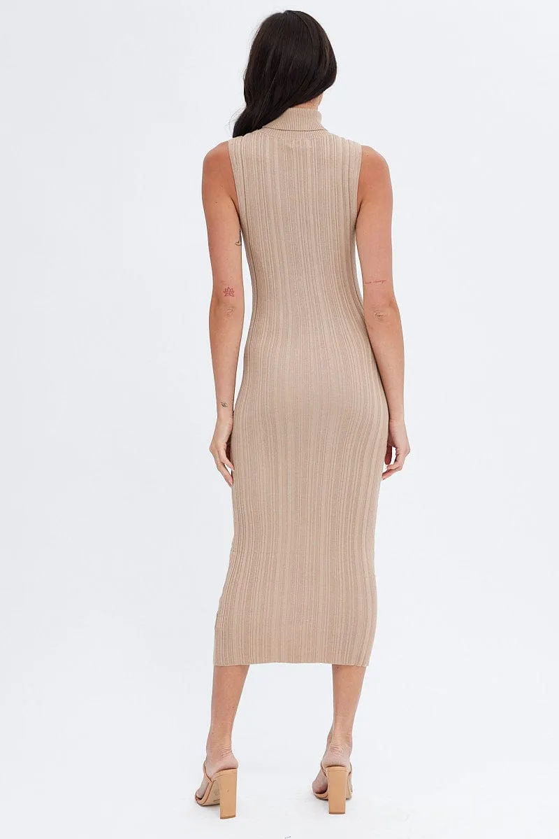 Beige Midi Dress Turtle Neck Bodycon Knitted Rib Day-to-Night Look Casual Fashion