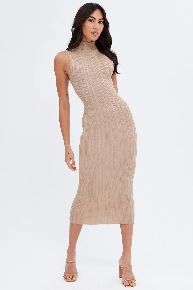 Beige Midi Dress Turtle Neck Bodycon Knitted Rib Classic Charm