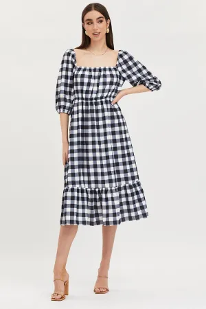 Trendy Wear Check Midi Dress Puff Sleeve