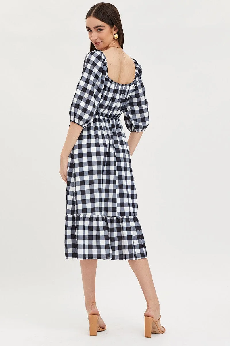 Check Midi Dress Puff Sleeve Sophisticated Fit Timeless Silhouettes