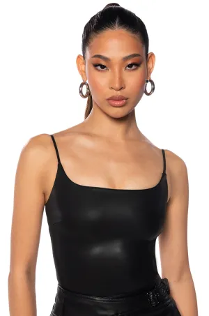 ULTRA STRETCH FAUX LEATHER SQUARE NECK BODYSUIT IN BLACK single purpose Temperature Regulating Fabric