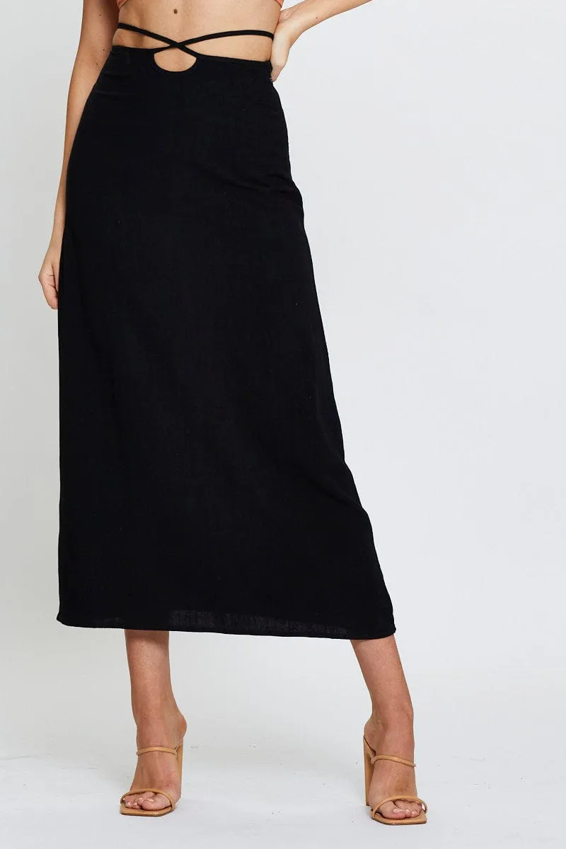 Pastel tone Year Round Style Black Linen Blend Wrap Tie Waist Maxi Skirt