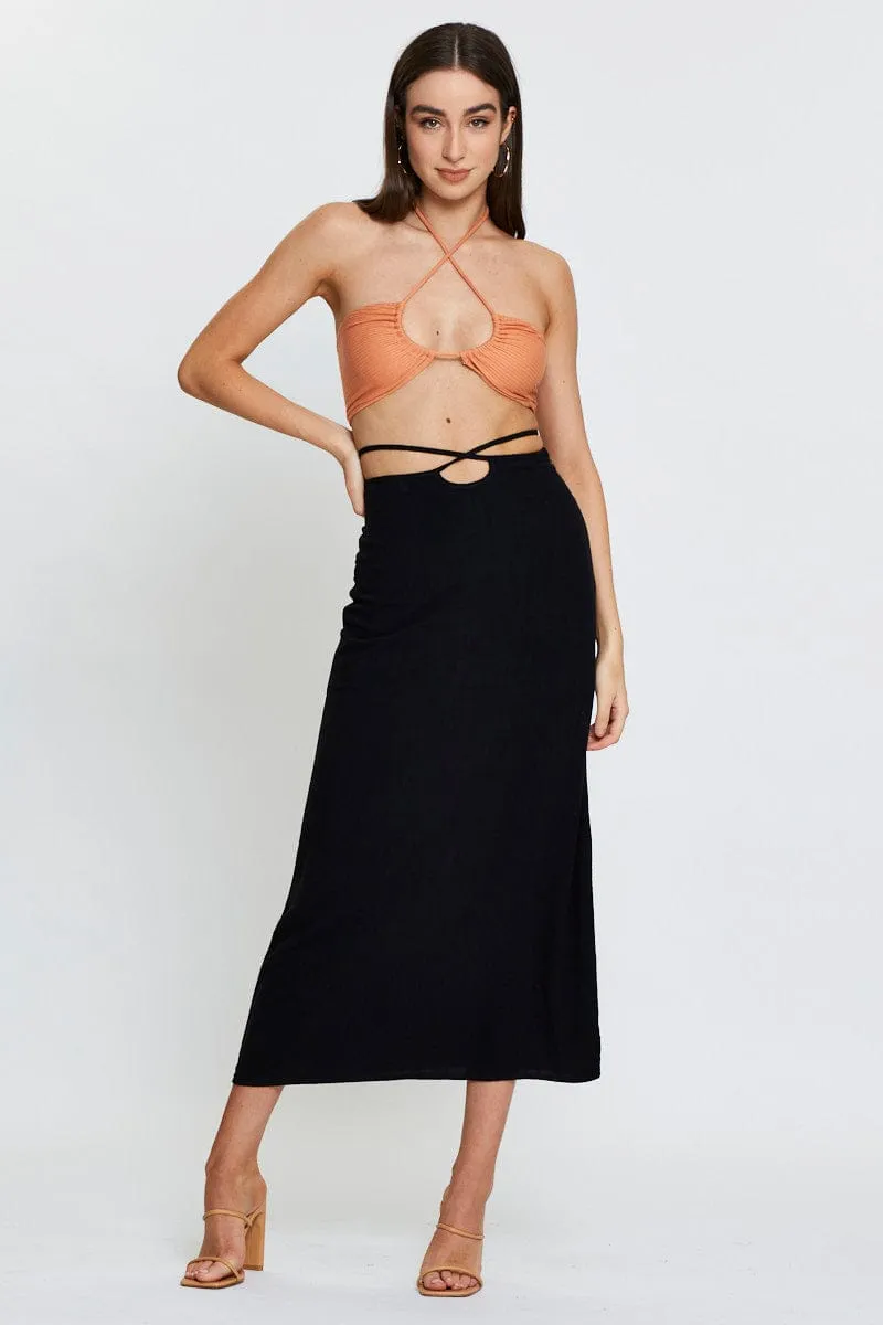 Black Linen Blend Wrap Tie Waist Maxi Skirt Modest Wear Modern Design