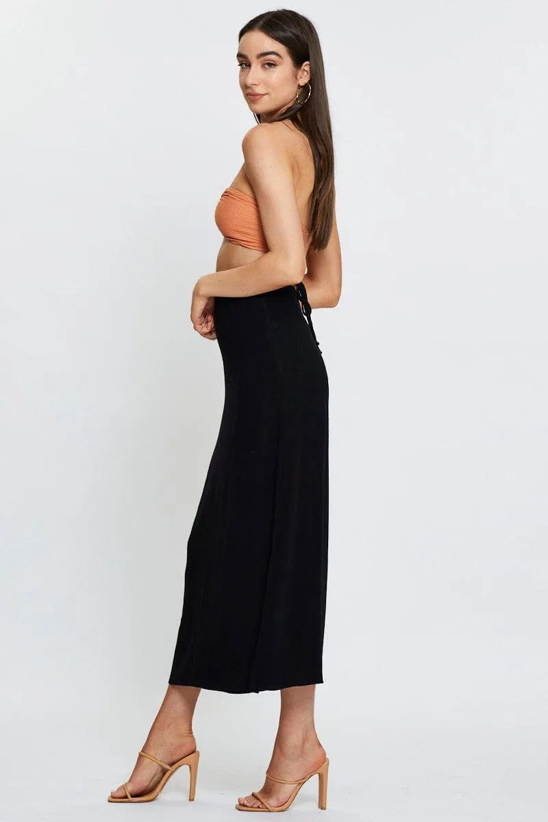 yoga session Black Linen Blend Wrap Tie Waist Maxi Skirt