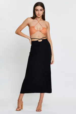 Black Linen Blend Wrap Tie Waist Maxi Skirt Modest Wear Modern Design