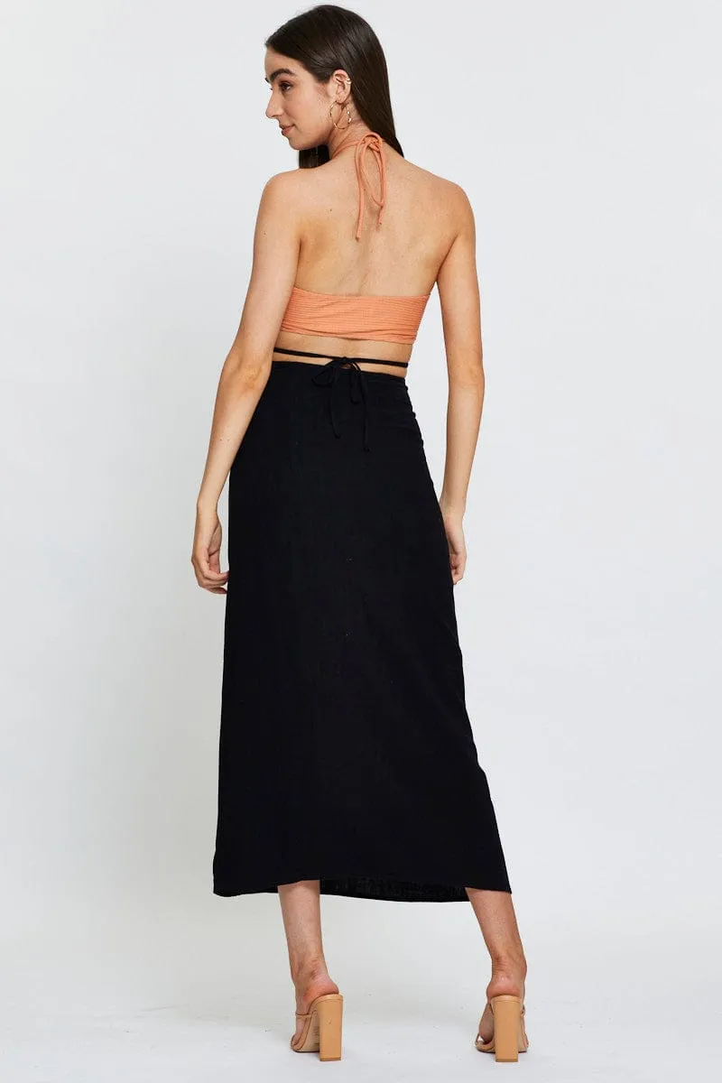 Black Linen Blend Wrap Tie Waist Maxi Skirt Easy Style
