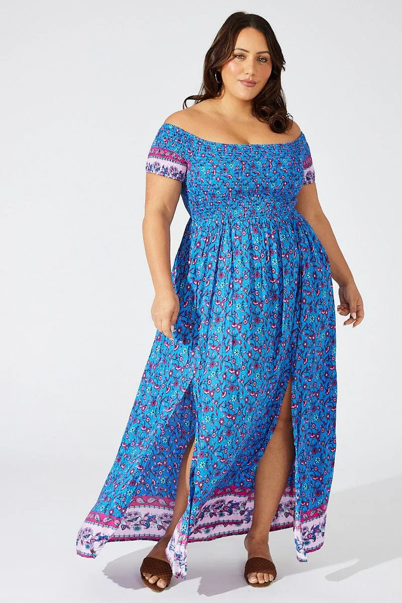 Blue Boho Maxi Dress Short Sleeve Shirred Diamond Shine