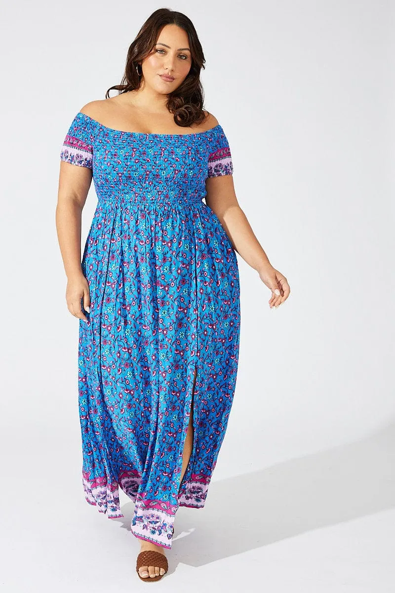Blue Boho Maxi Dress Short Sleeve Shirred Rock Shore Frost Breeze