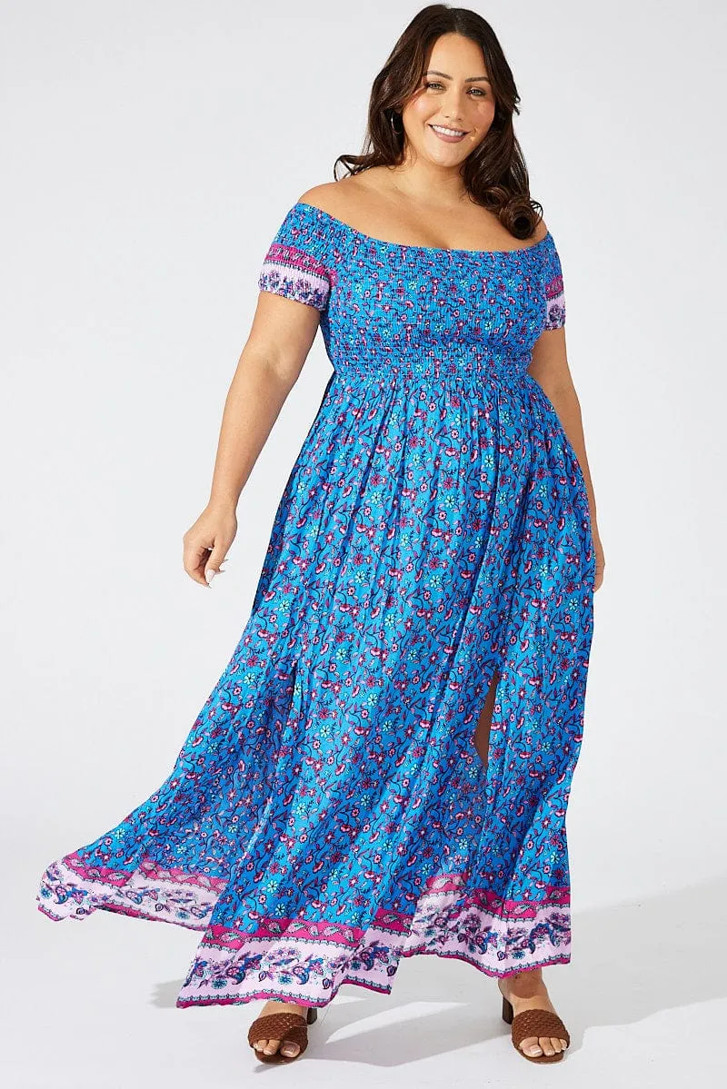 Blue Boho Maxi Dress Short Sleeve Shirred Timeless and classic maxi