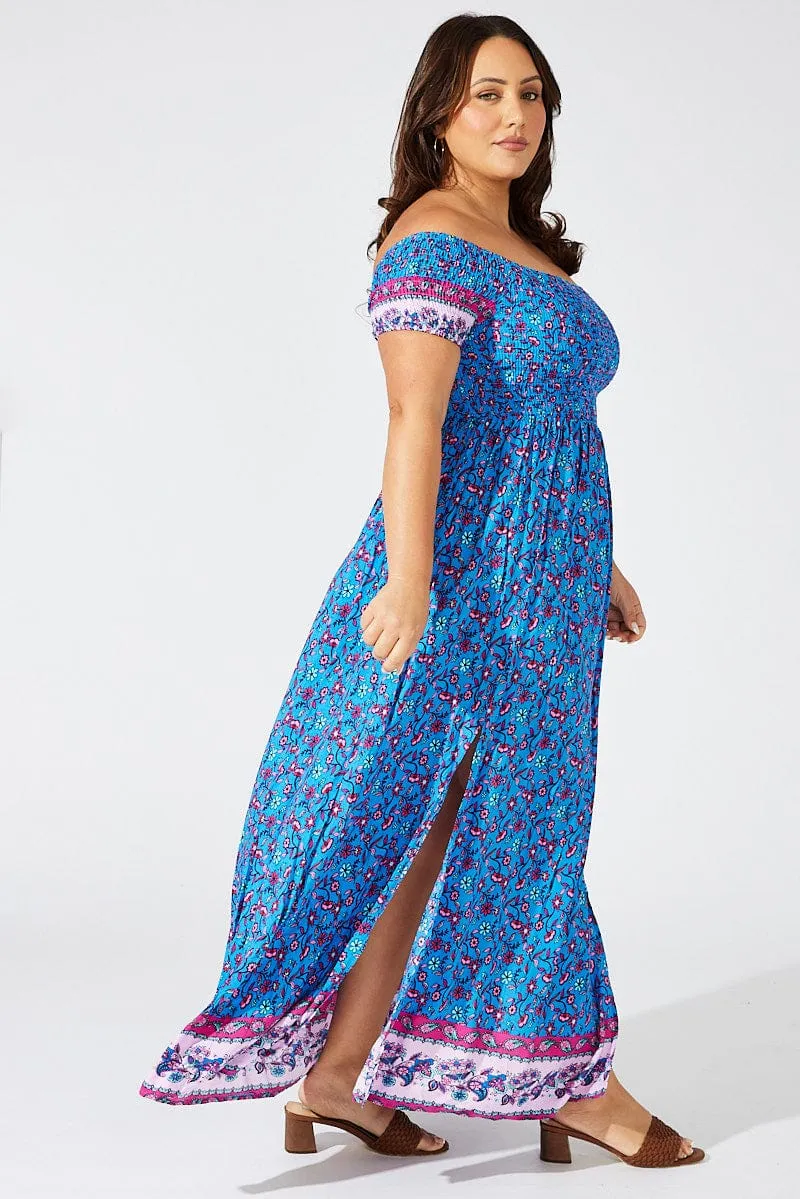 Blue Boho Maxi Dress Short Sleeve Shirred Autumn Tone