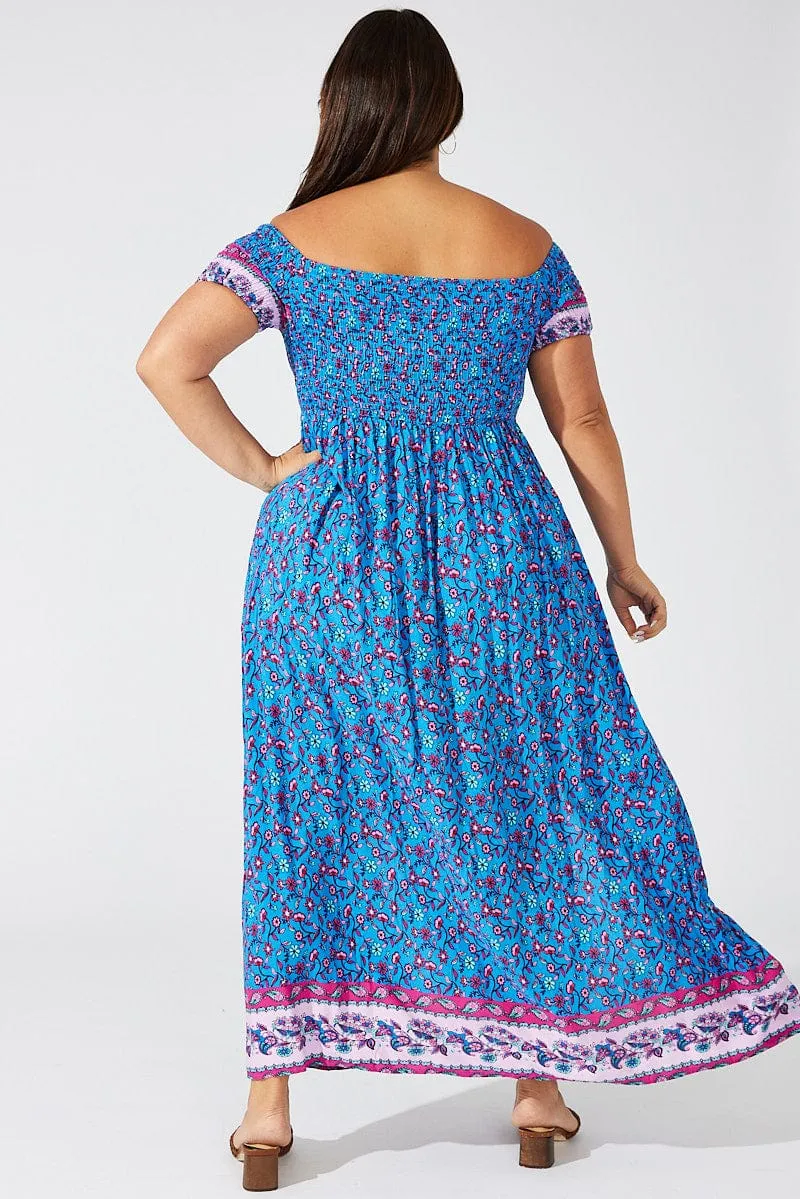 Wind Song Platinum Glow Blue Boho Maxi Dress Short Sleeve Shirred
