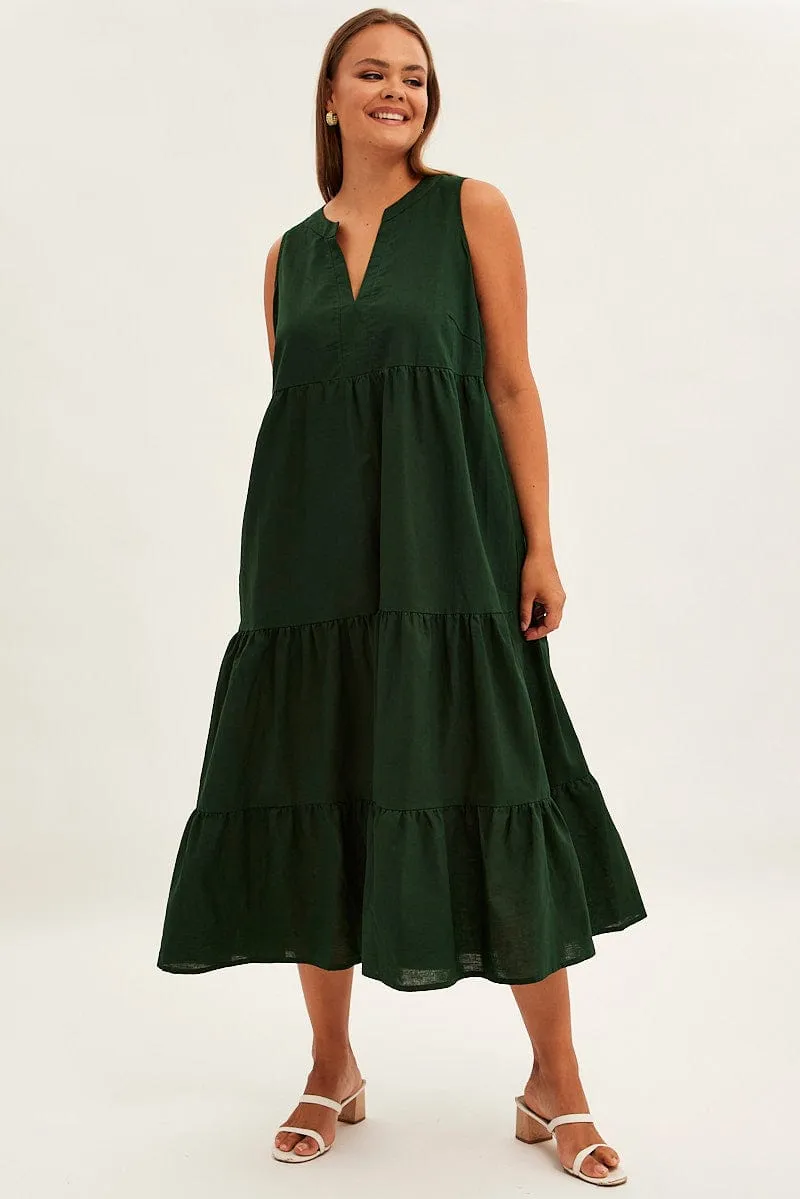 The dress??s simple design allows you to dress it up or down depending on your style Flower Path Green Maxi Dress Sleeveless Tiered Linen Blend