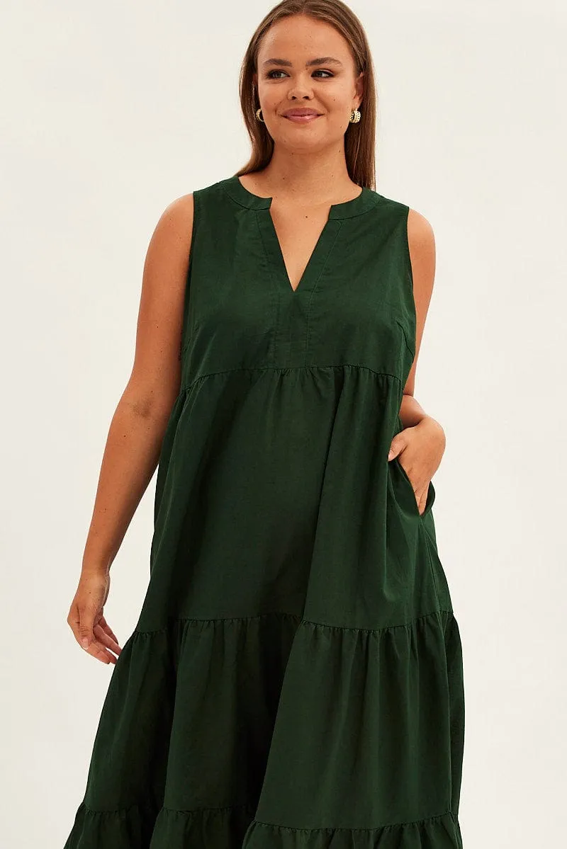 Peony Bloom Green Maxi Dress Sleeveless Tiered Linen Blend