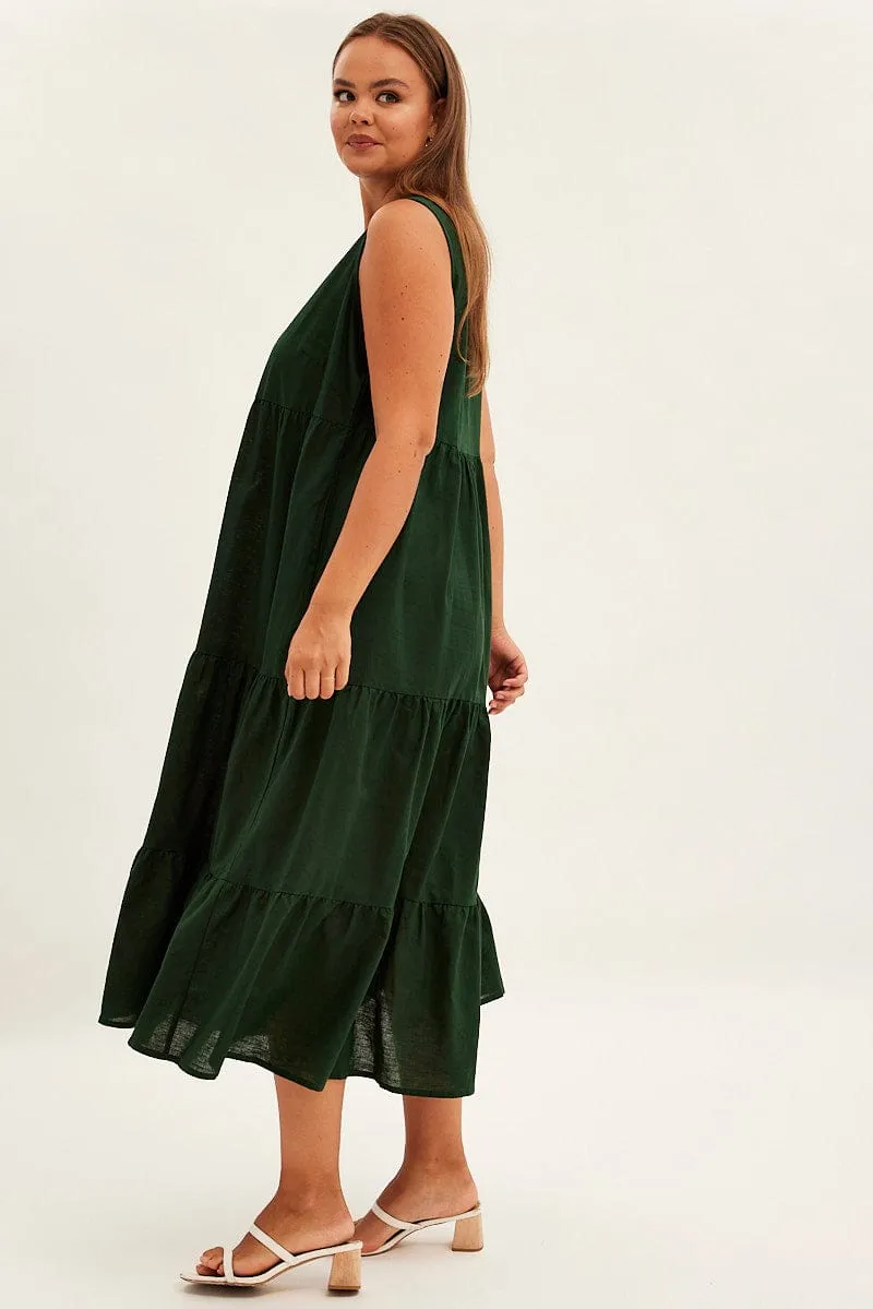Green Maxi Dress Sleeveless Tiered Linen Blend Dusty Rose Feminine flowing piece