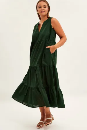 Urban Glow Green Maxi Dress Sleeveless Tiered Linen Blend