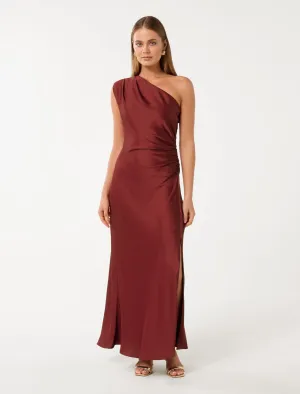 Asher One Shoulder Satin Maxi Dress Bead Work Beige Glow