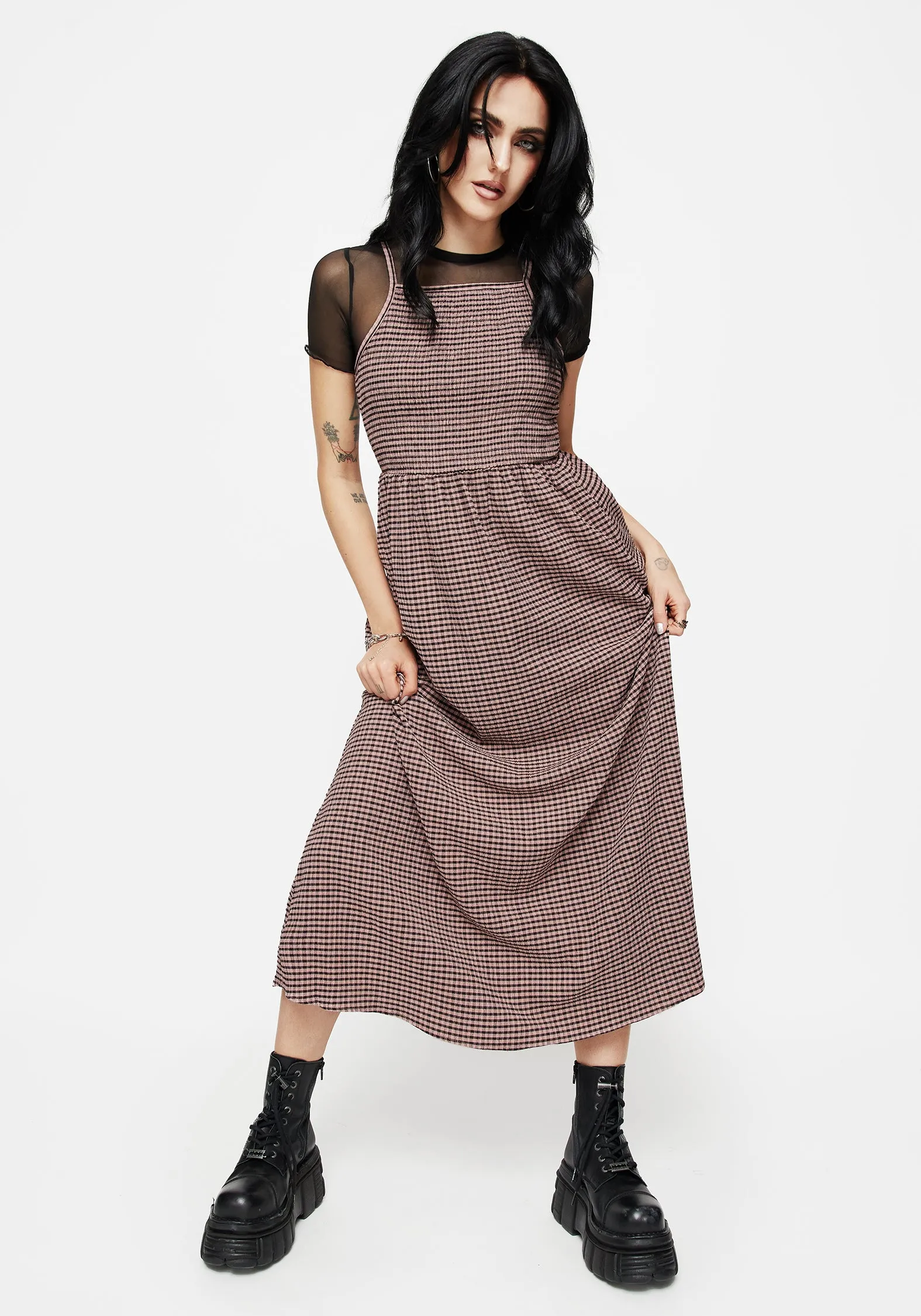 Marina Walk Stone Path Midora Crinkle Check Racerback Midaxi Dress