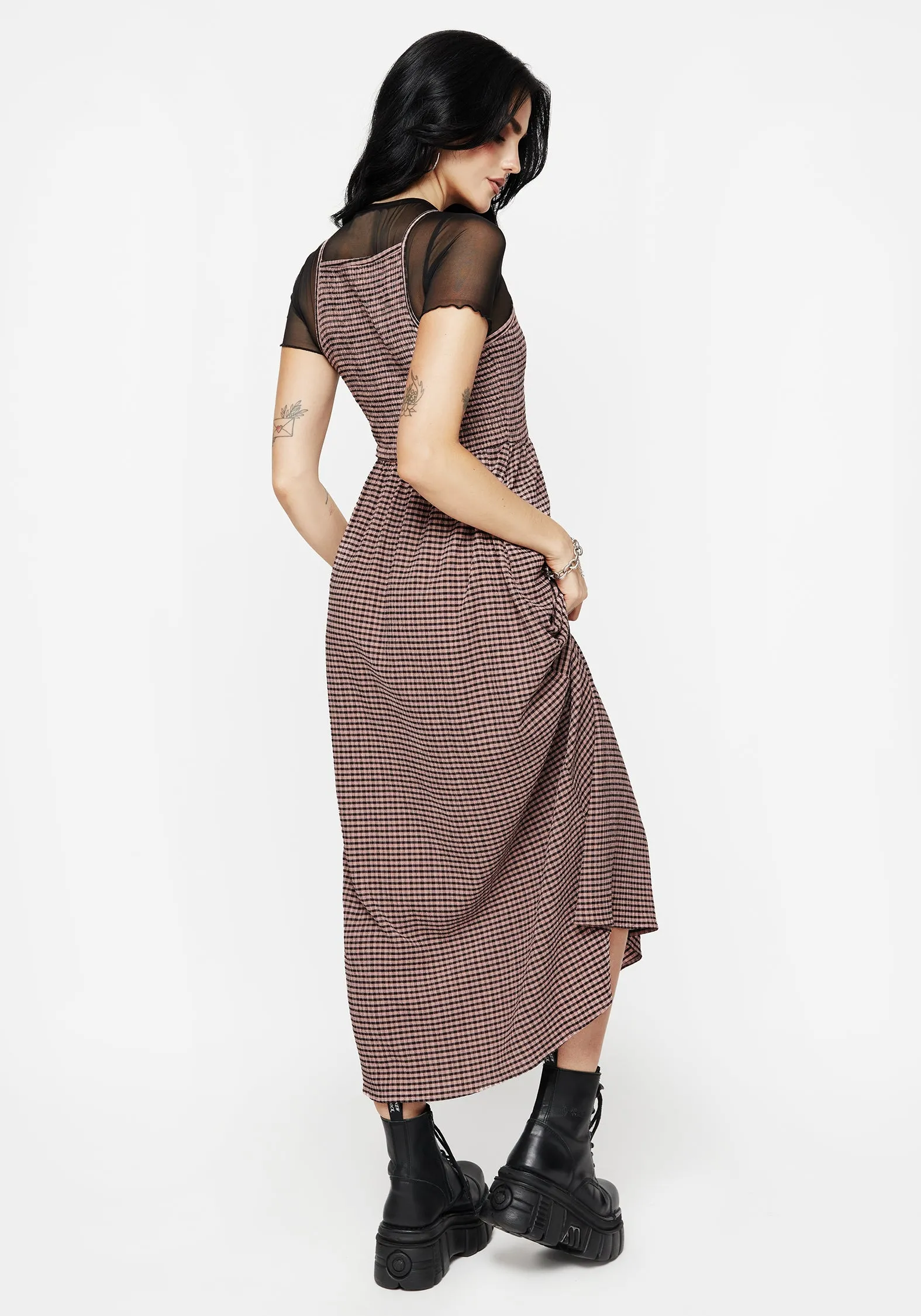 Deep V Boho Soul Midora Crinkle Check Racerback Midaxi Dress
