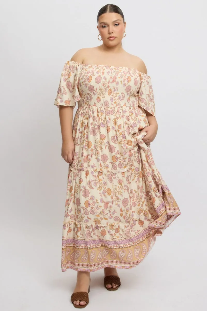 Beige Boho Maxi Dress Short Sleeve Shirred This dress is designed to provide both comfort and style making it the perfect choice for any occasion