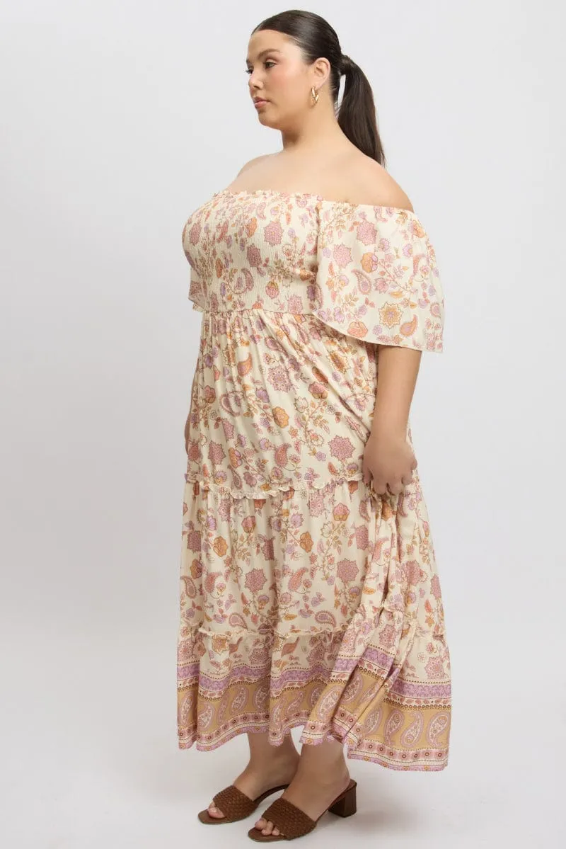 Night Calm Blue Bay Beige Boho Maxi Dress Short Sleeve Shirred