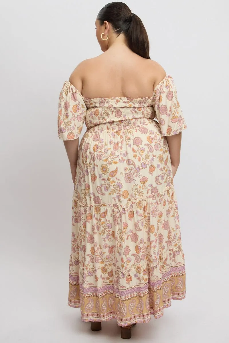 With its sleek and chic design this dress is perfect for both casual and formal settings Beige Boho Maxi Dress Short Sleeve Shirred