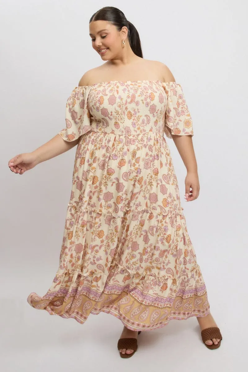 Beige Boho Maxi Dress Short Sleeve Shirred Wind Proof