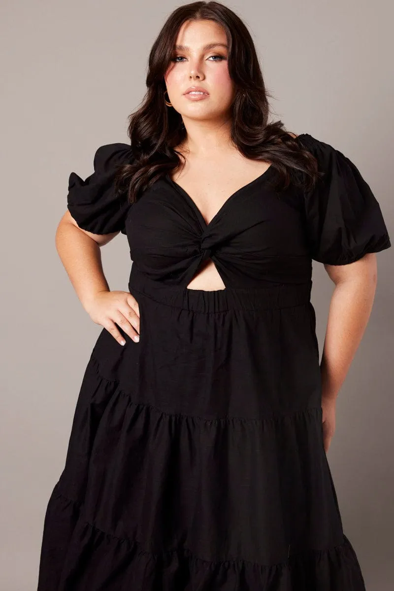 Black Maxi Dress Short Sleeve Tiered Twist Front Star Trail