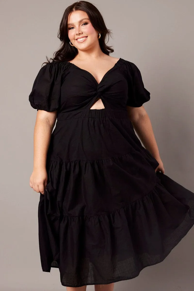 Black Maxi Dress Short Sleeve Tiered Twist Front Burgundy Deep