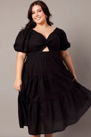 Black Maxi Dress Short Sleeve Tiered Twist Front Burgundy Deep