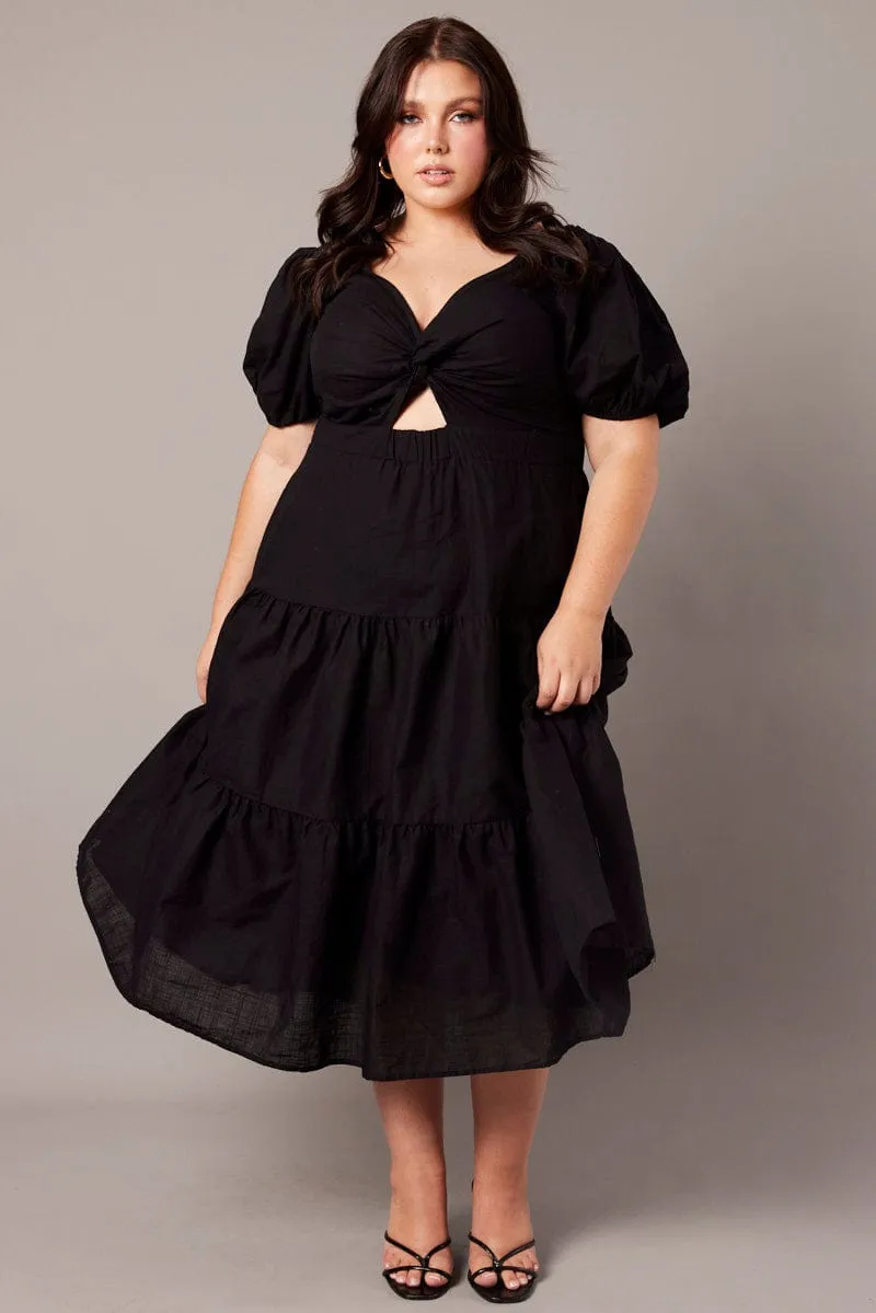 Black Maxi Dress Short Sleeve Tiered Twist Front Versatile event attire Wall Glow