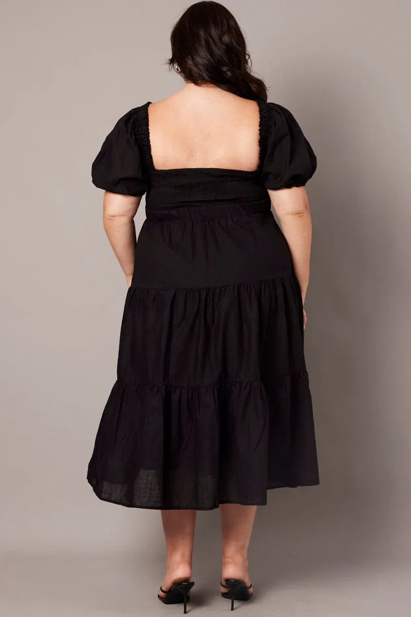 Turquoise Glow Soft Dawn Black Maxi Dress Short Sleeve Tiered Twist Front