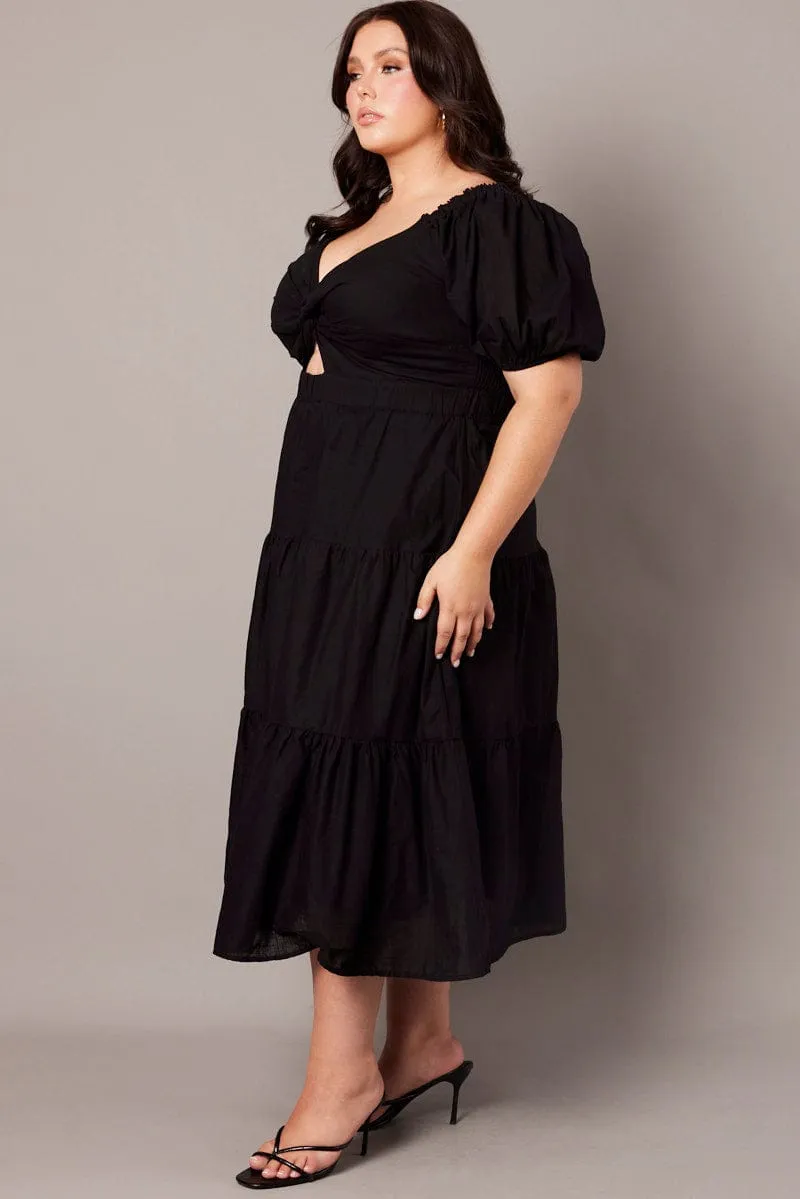 Island Mood Silver Shine Black Maxi Dress Short Sleeve Tiered Twist Front