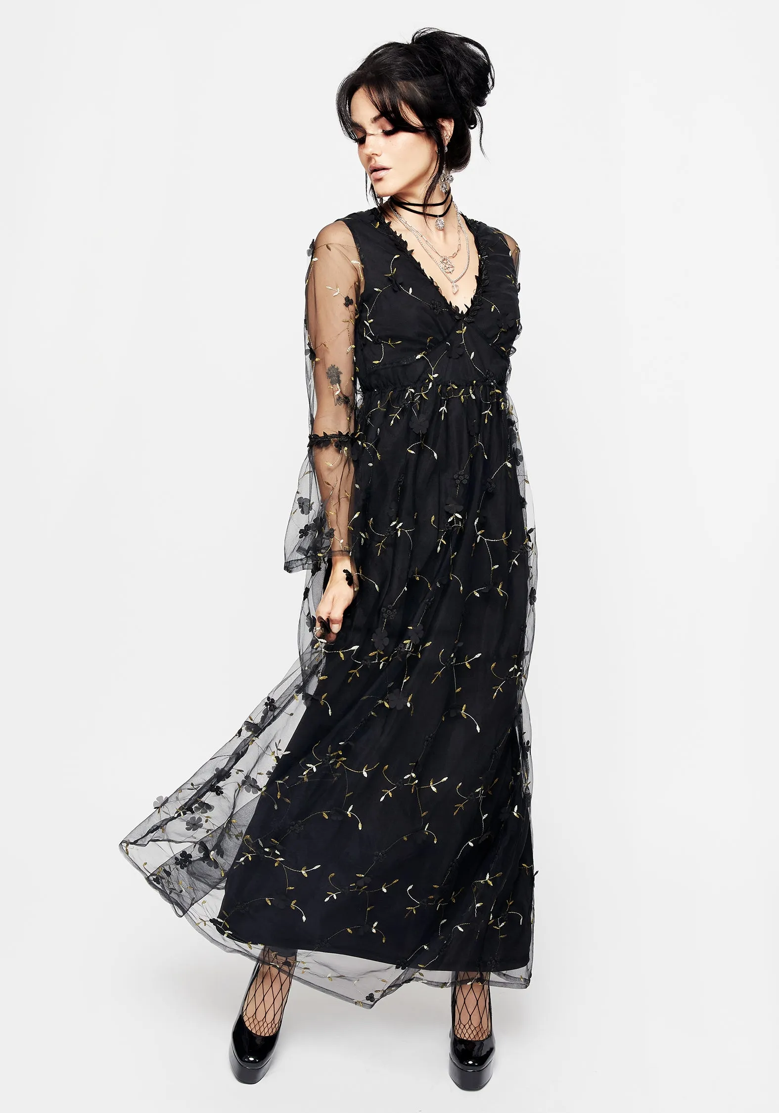 Olive Green Heroine Mood Chrysanthi Applique Maxi Dress